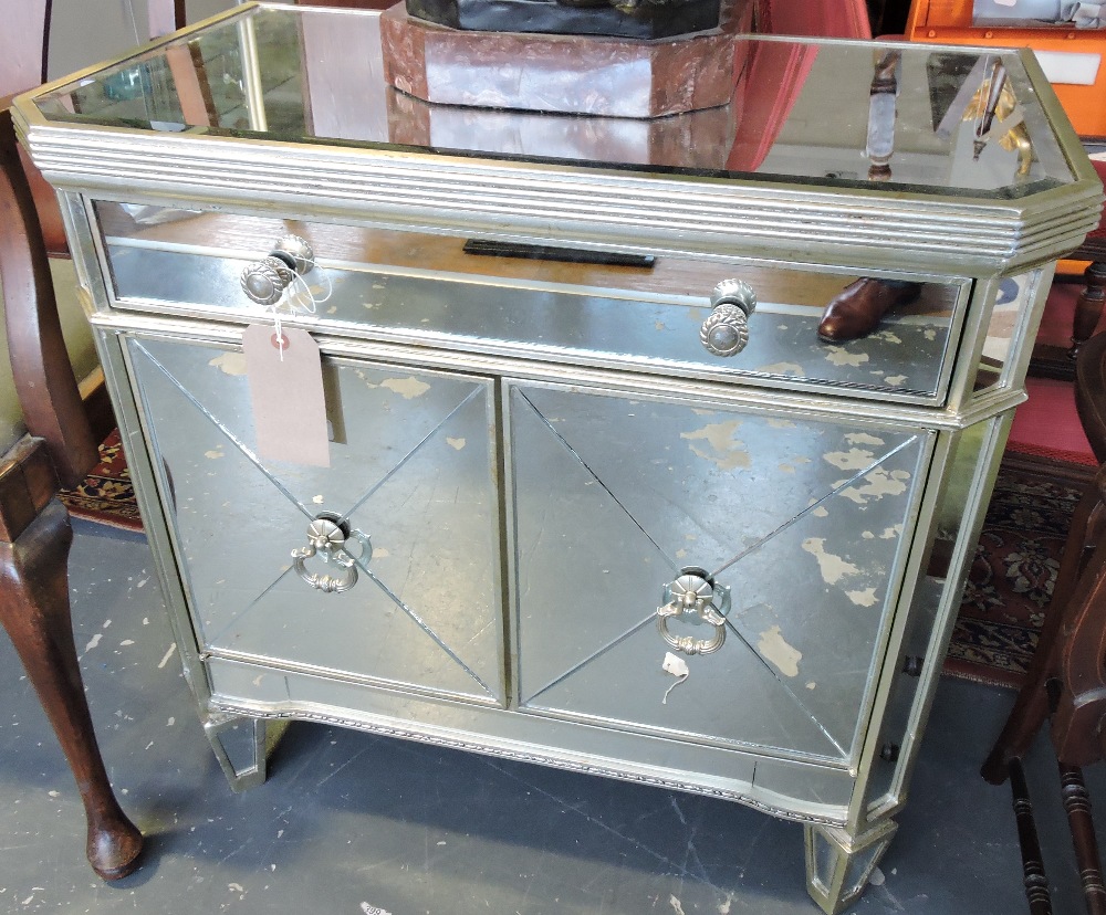 A Palace style mirrored side cabinet fitted drawer over cupboard base, W. 76cm.