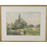 Kate Prentice, Children at a Duck Pond, watercolour, signed and dated 1881 lower right, 20 x 31cm.