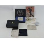 **WITHDRAWN** A silverplated Aquascutum letterbook case, together with two circular pill boxes,