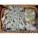 A wicker picnic hamper containing a metal mounted box, assorted costume jewellery, ceramics etc.