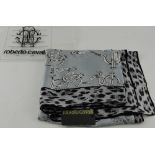 Roberto Cavalli silk scarf, silver grey with monogram link decoration within a leopard print border,