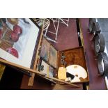 A mid 20th Century teak artists studio easel with extension and paint box.