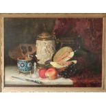 Late 19th century Continental school, a still life study of a Nuremburg tankard and fruit,