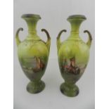 A pair of Worcester style porcelain urns, decorated with seascapes to front, H.20cm.