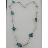 An unusual white metal and turquoise set necklace, in the Modernist taste, stamped 925,