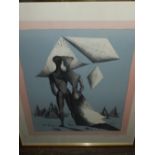 20th century Continental school, surrealist study of a couple, lithograph,