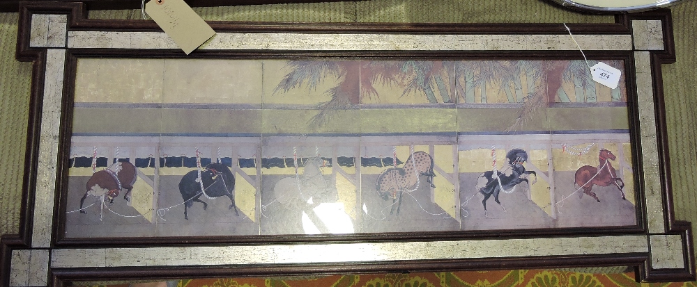 A framed Japanese print of show horses, L.