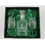 A etched glass decanter and two glasses from Mansfield House, in a green presentation box.