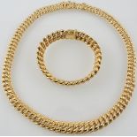 A French high carat yellow metal necklace and matching bracelet of woven link form,