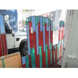 Five 20th century stained glass panels, of blue, green and red opaque panels, largest H. 126cm.