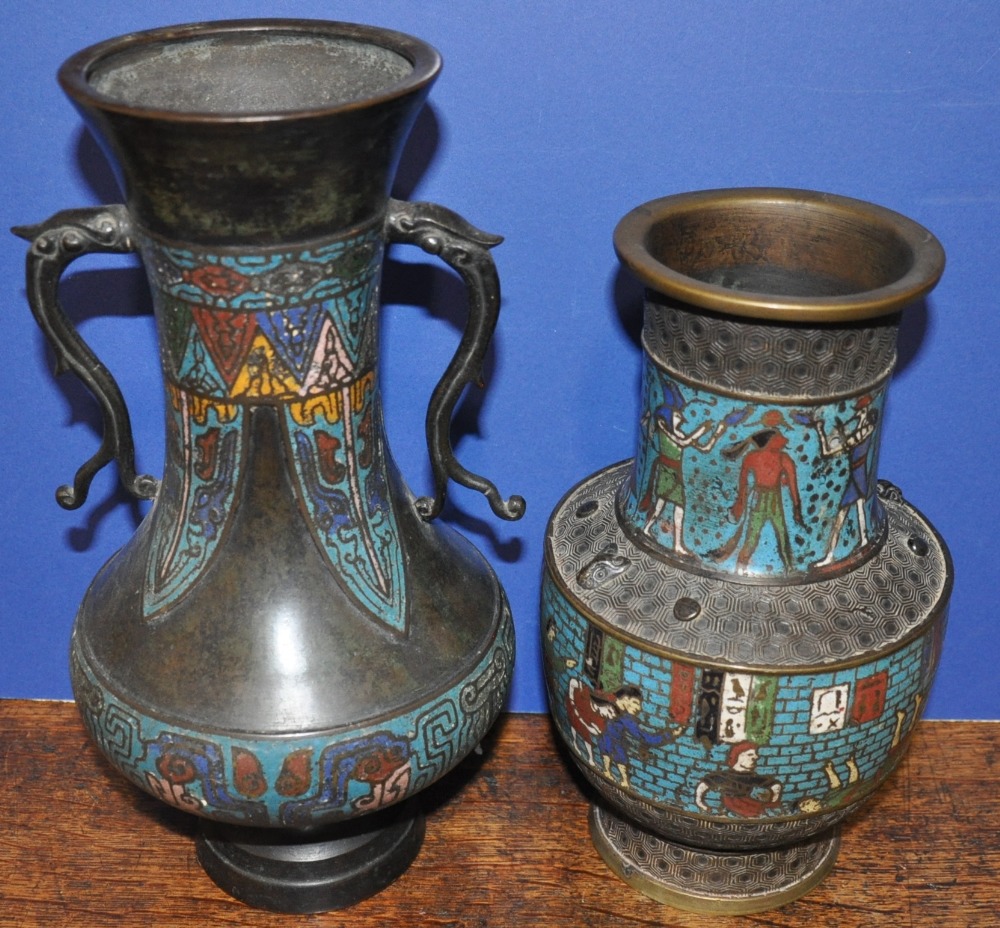 A Chinese champleve enamel bronze baluster vase with scroll serpent handles, H.