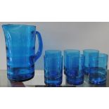 A Whitefriars kingfisher blue lemonade jug and six cylindrical glasses,