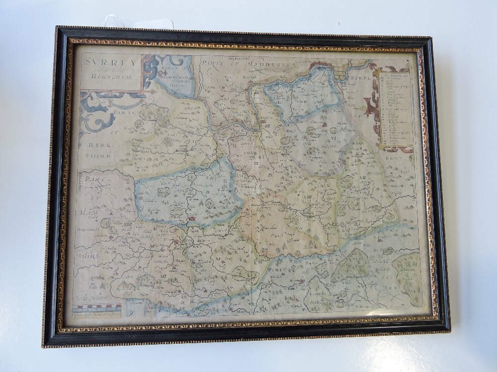 After Norden hand coloured engraving, map of Surrey and surrounding counties,