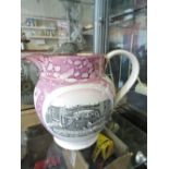A late Victorian Sunderland lustre pottery jug decorated with panels of verse and a west view of