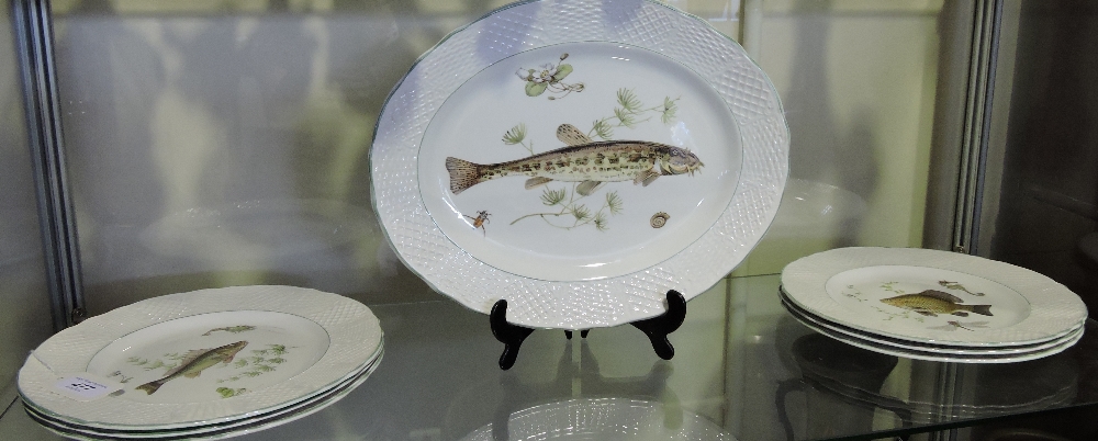 A Marlborough 7 piece Ironstone fish service printed with assorted sea fish within reeds