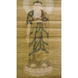 A scroll painting of Buddha, standing on a lotus pad, L. 90cm.