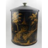 A Worcester toleware waste paper basket, parcel gilded and decorated with a chinoiserie landscape.