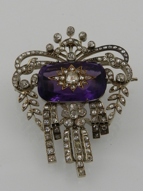 A late 19th century diamond and amethyst brooch,