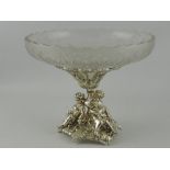 A glass and silver-plated centrepiece, the cut glass bowl with scalloped edge,