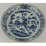 A Chinese large blue and white bowl, decorated with three mounted figures and entourage, D. 28cm.