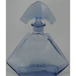 An Art Deco blue glass perfume decanter, with an arrow head stopper, H. 19cm.