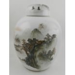 A Chinese porcelain ovoid vase and cover, decorated with a mountainous landscape,