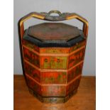 A Chinese red and gilt lacquered octagonal rice basket. H.