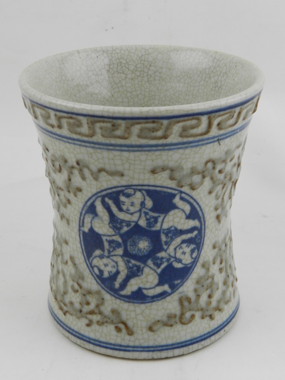 A Chinese crackle glazed waisted brush pot, polychrome decorated,