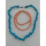 A turquoise beaded necklace, together with a coral chip necklace.