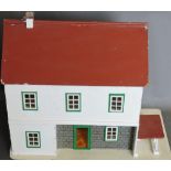 A doll's house painted white with a red roof and stone effect niche and car-pot to the right, W.