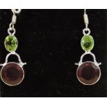 A pair of red and green drop pendants, set in white metal stamped 925.