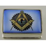 A rectangular white metal box, the lid with Masonic symbols.