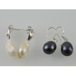 A pair of black freshwater pearl ear pendants,