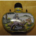 An enamelled snuff bottle decorated with vignettes, one depicting a nobleman and servant, H. 5cm.