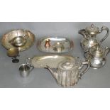 A quantity of plated ware, including a part tea service and a nursery cup.