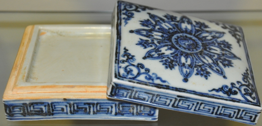 A blue and white square porcelain inkwell, decorated with foliage and geometric design, W. 9cm.