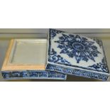 A blue and white square porcelain inkwell, decorated with foliage and geometric design, W. 9cm.