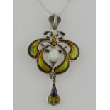 A sterling silver, opalite, and enamelled pendant, in the Art Nouveau taste.