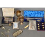 A quantity of silver and platedware including, a boxed set of silver tea spoons,