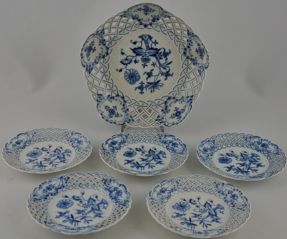An early 20th century Meissen onion pattern reticulated fruit service,