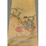 A painted scroll, depicting two figures with fruit beneath a tree, L. 92cm.