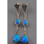 A pair of Art Deco style silver marcasite and opalite drop earrings