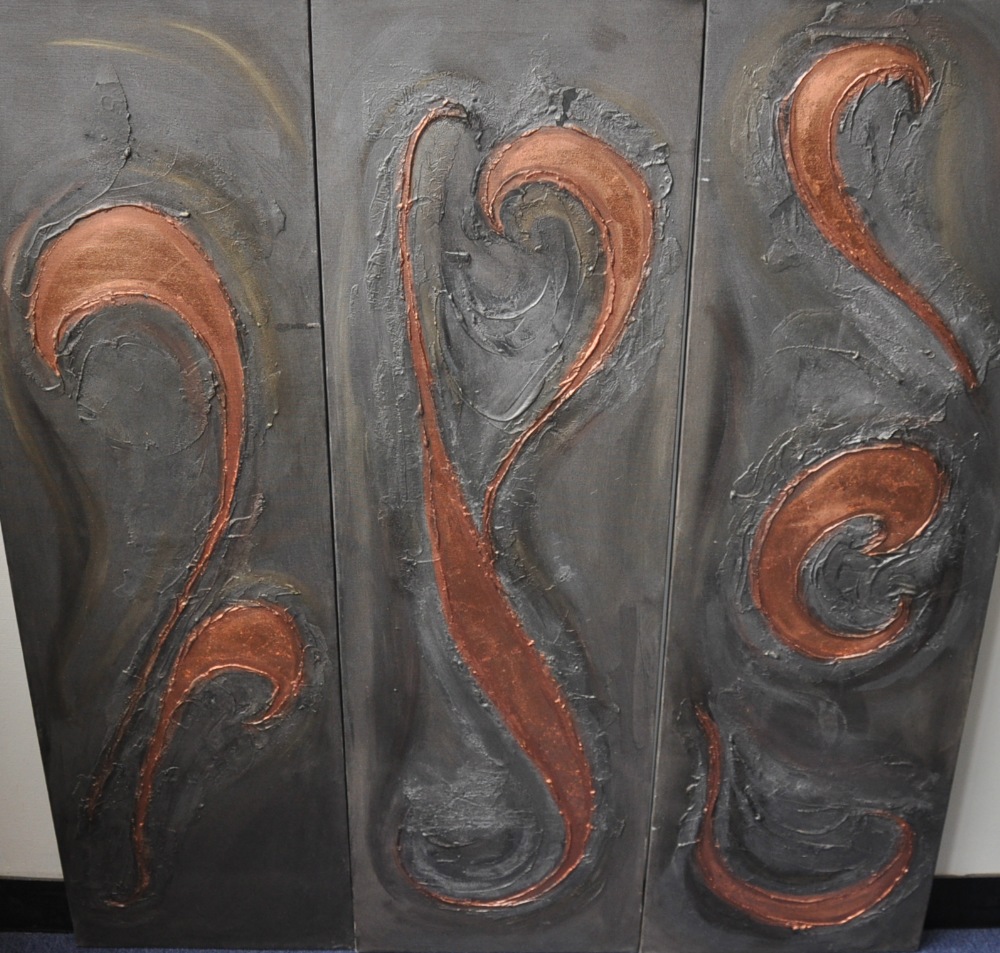 Three abstract wall hangings, oil and mixed media on canvas, 100 x 30cm,