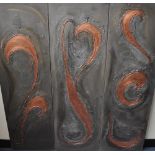 Three abstract wall hangings, oil and mixed media on canvas, 100 x 30cm,