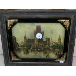 A late 19th / early 20th century framed timepiece, the dial with printed Dutch townscape and river,