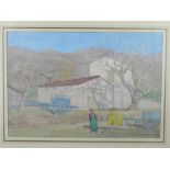 20th century Continental School, study of a farm, watercolour,signed lower right. H.30cm W.