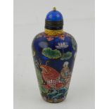 A Chinese blue peking glass snuff bottle, painted with figures at sea with fish, H.