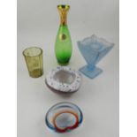 A pale blue glass posy vase, together a MDina glass bowl, a Mary Gregory style glass beaker,