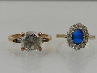 A gilt metal and cubic zirconia set cocktail ring, together with a 9 carat yellow gold,