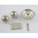 A George V pierced silver bonbon dish, a later silver card case,